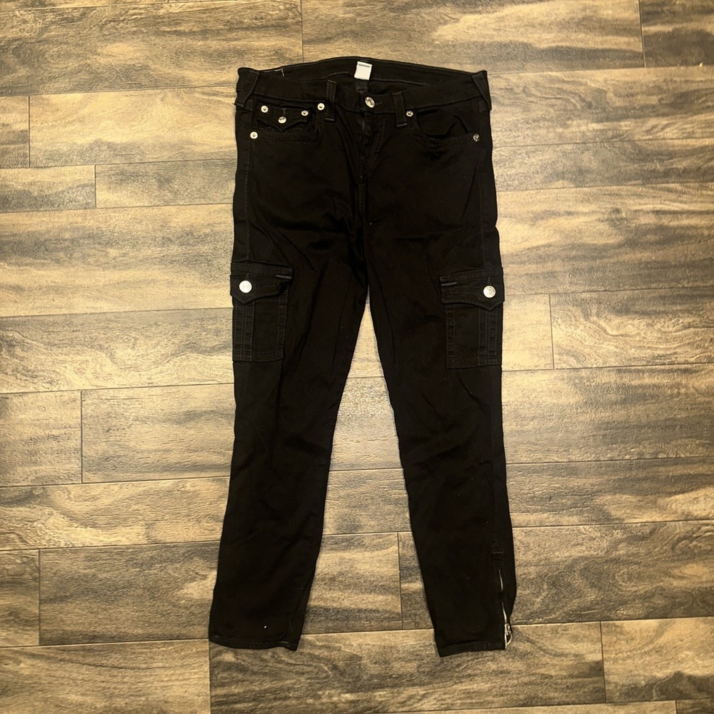 True Religion Cargo Utility Pants Skinny Fit Black Flap Pockets Women's 32